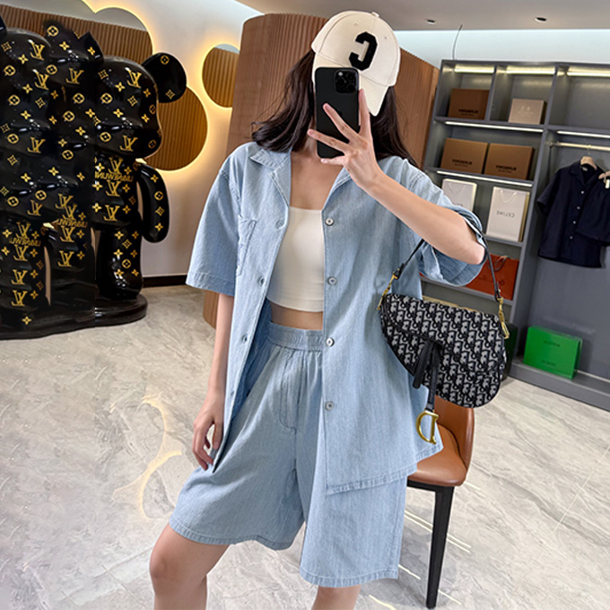 louis vuitton embroidered monogram chambray cuban collar short sleeve shirt & shorts